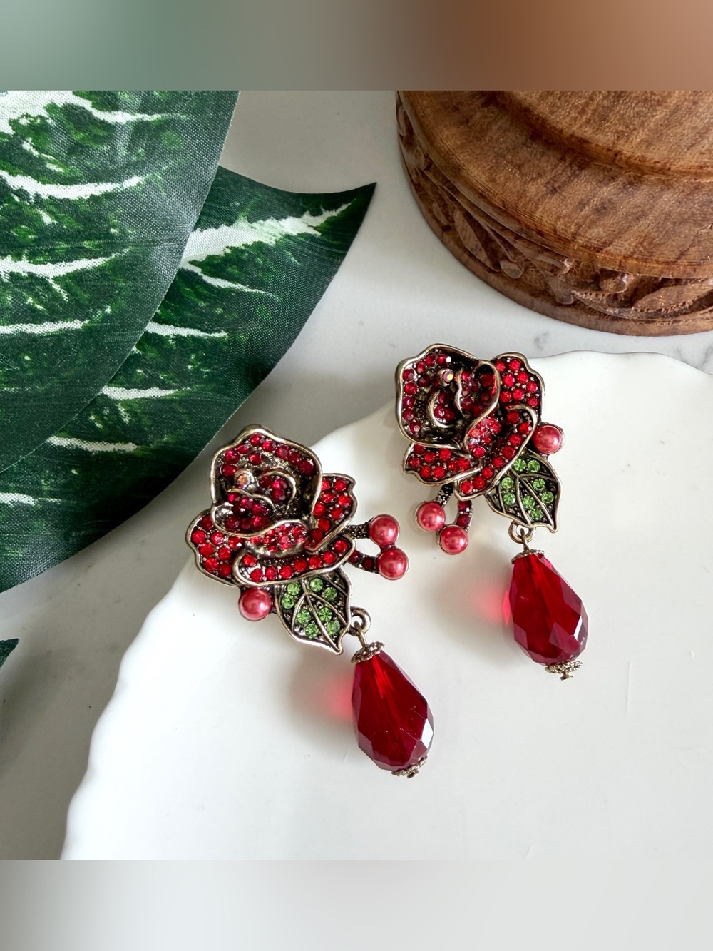 Red Rose Earrings Vintage Style Flower Rhinestone Bead Flamenco Jewelry Gift NEW - Picture 6 of 12